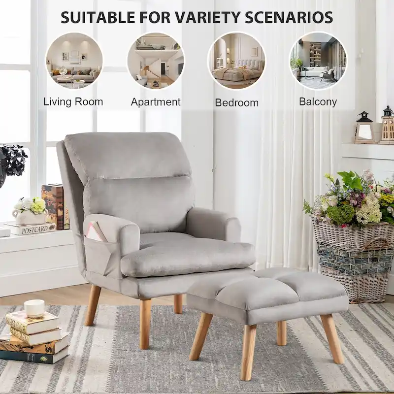 Soft Fabric Casual Living Room Armchair With Adjustable Backrest And Legs Stool