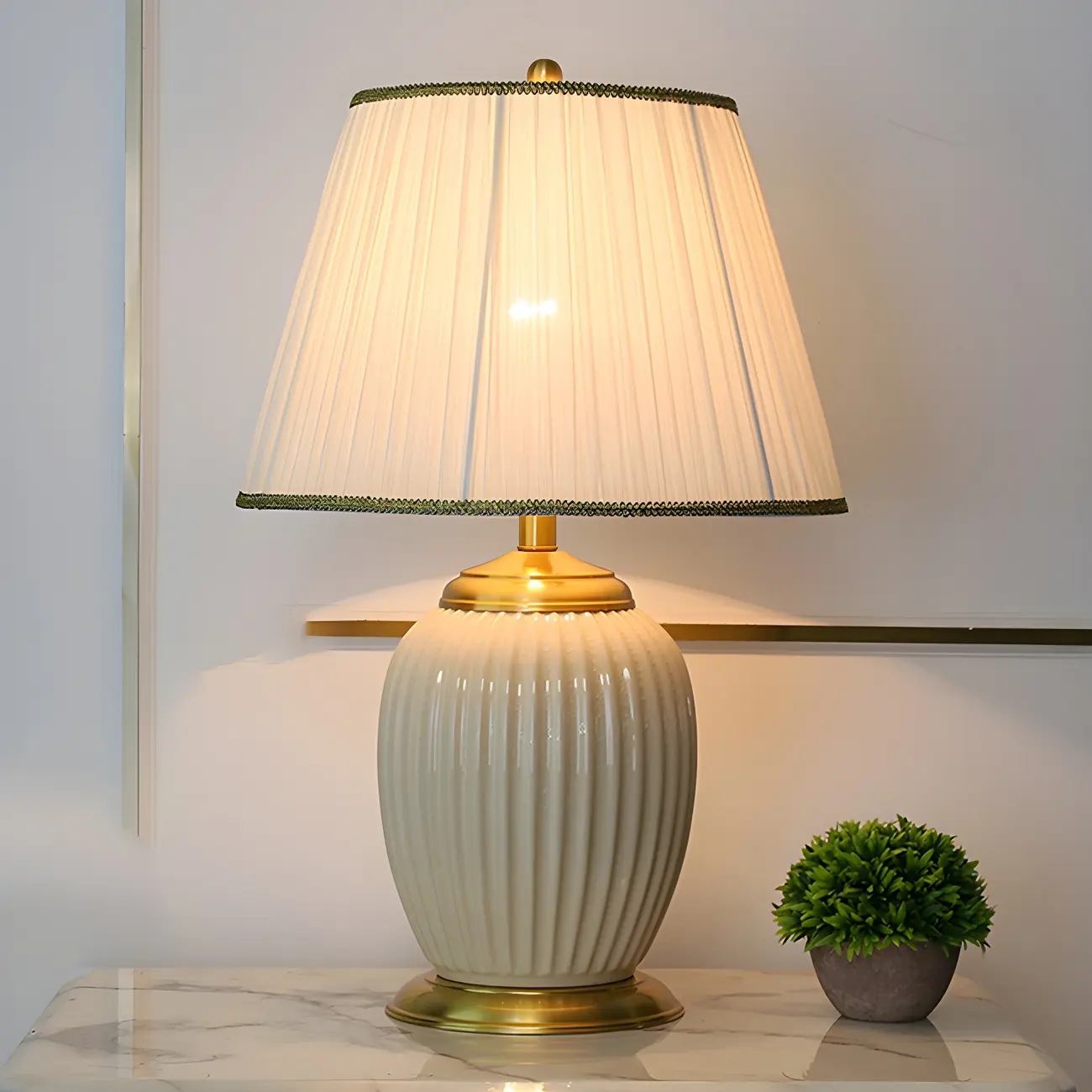 Plug-In Elegant Ceramic LED Table Lamp with Fabric Shade