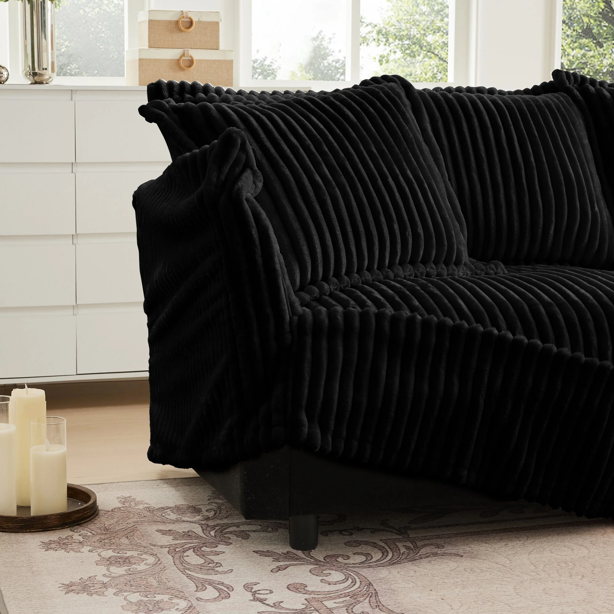 Walker Edison | Cloud Slipcovered Black Sectional Sofa with Ottoman