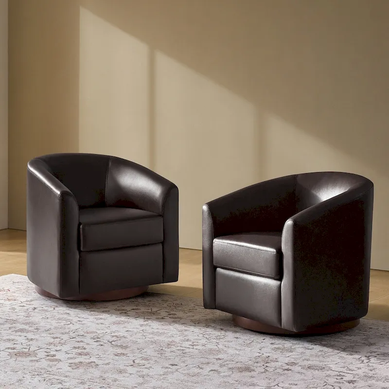 Haley Modern Swivel Barrel Faux Leather Chair with Solid Wood Base Set of 2 by HULALA HOME