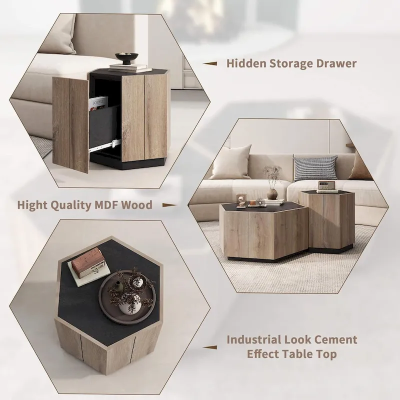 Hexagonal Coffee Table, Scratch Resistant Center Table with Drawers