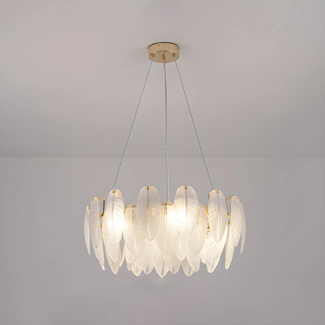 Elegant White Glass Feather Round Chandelier