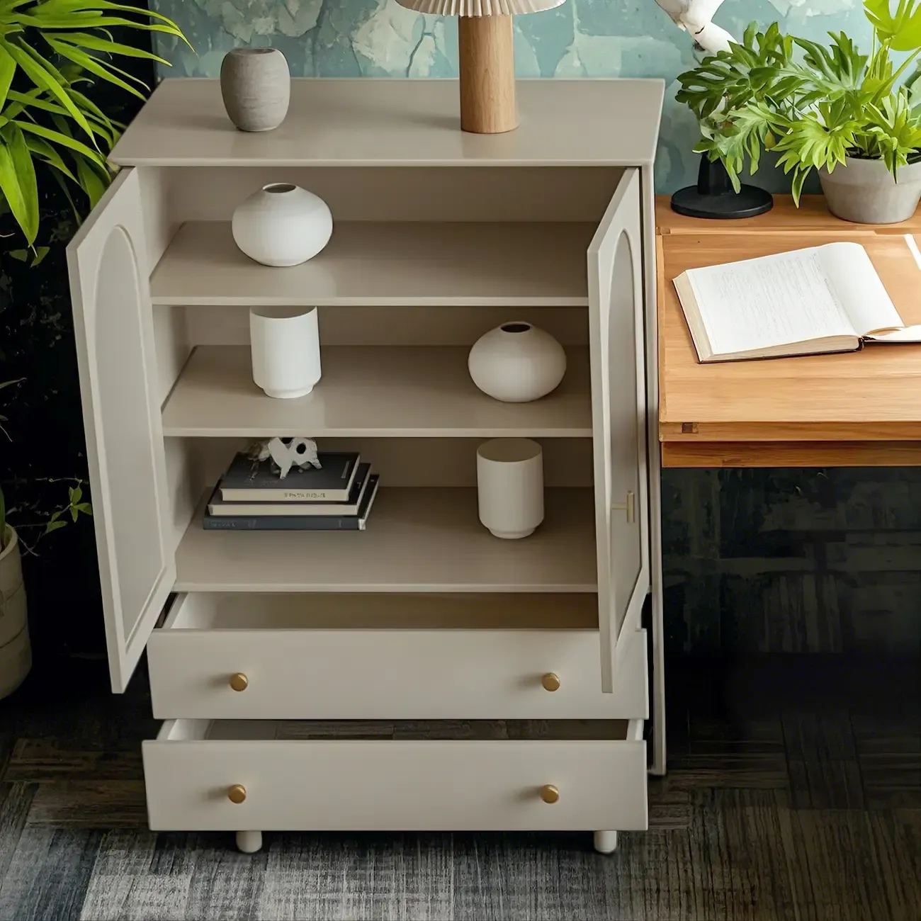 Elegant Wooden Combo Dresser with Shelves and 4-Drawers
