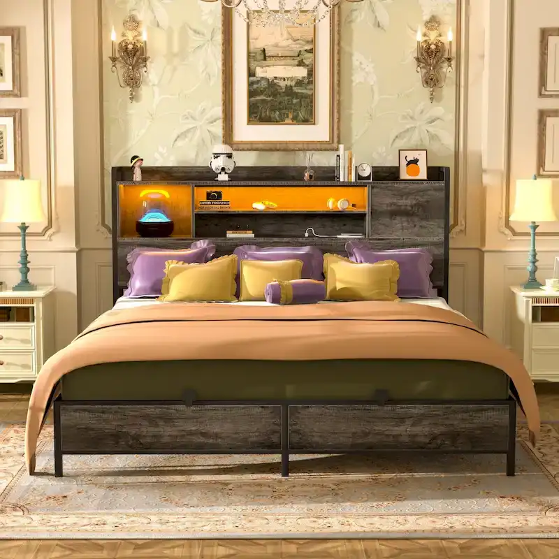 Platform Bed Frame with Reversible Storage Bookcase Headboard and Charging Station and RGB LED Lights