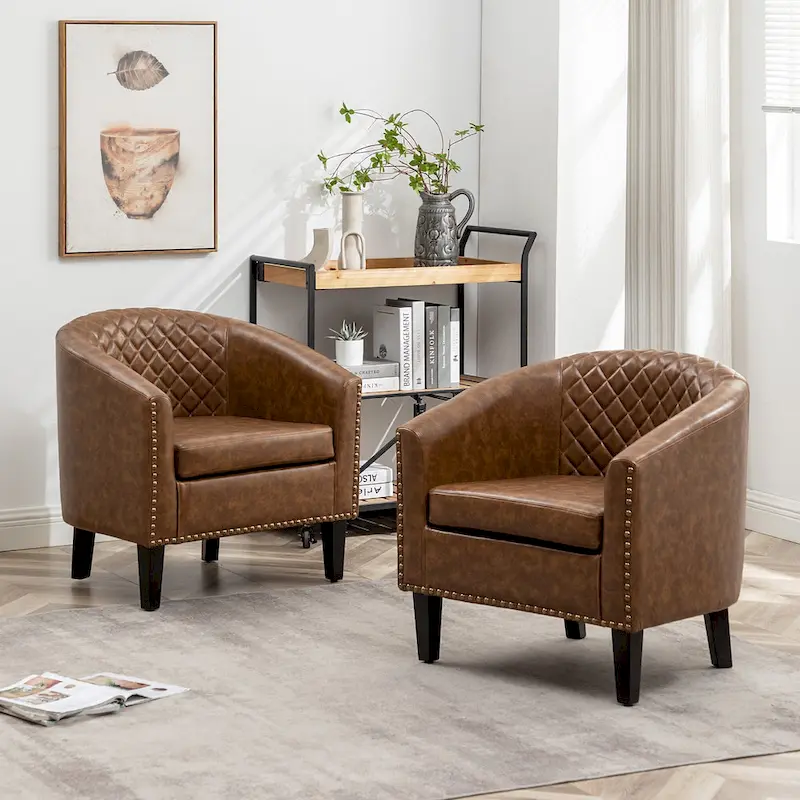 KINWELL 29 PU Faux Leather Club Armchair with Nailheads, Set of 2