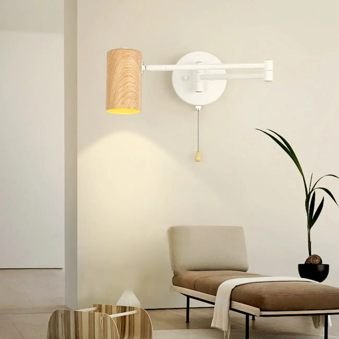 White and Black Metal Swing Arm Wall Light with Cylindrical Shade