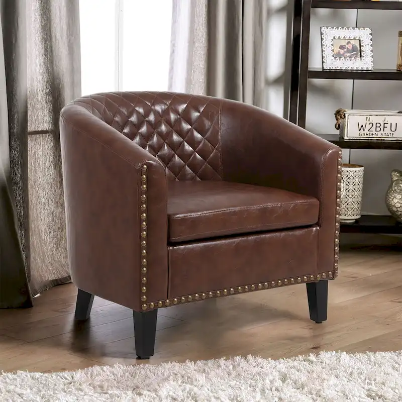 Accent Barrel Chair Living Room With Nailheads And Solid Wood Legs