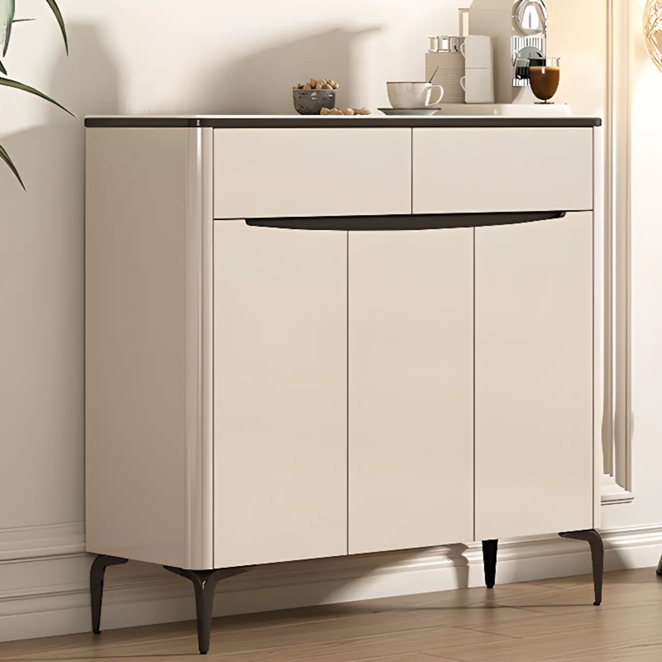 Khaki Wood Entryway Shoe Cabinet Marble Top