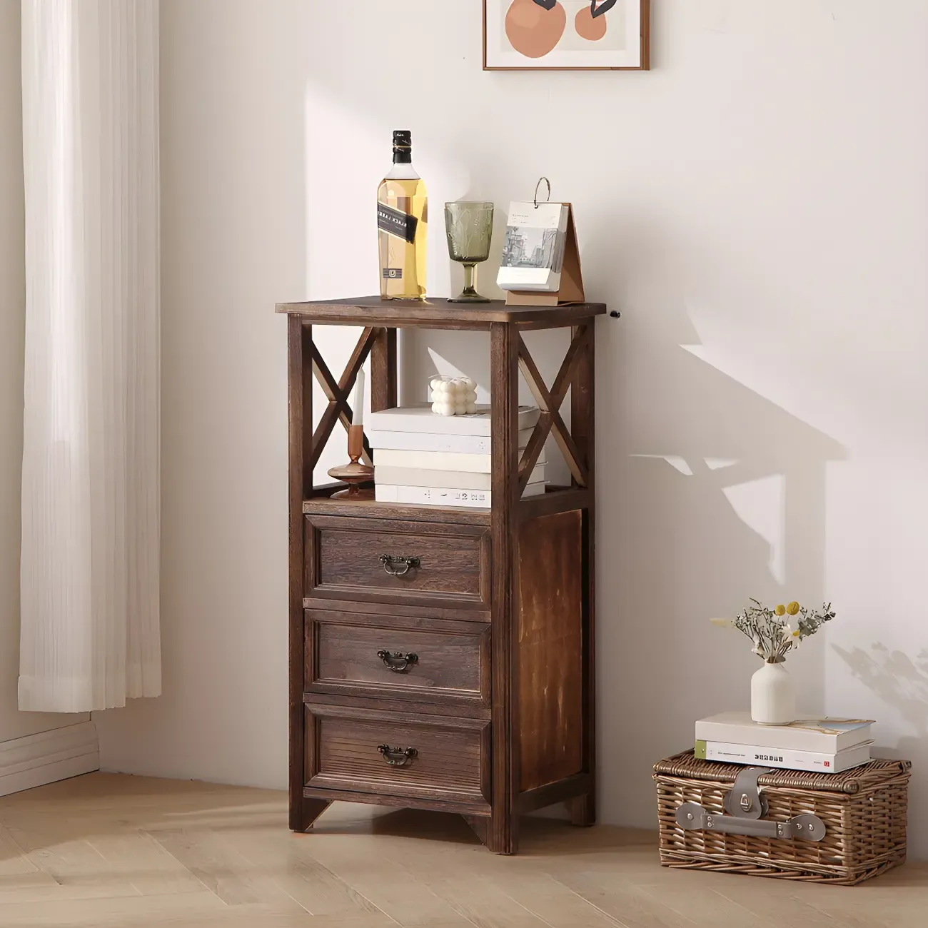 Industrial Rectangular Brown Wooden Drawer Cabinet