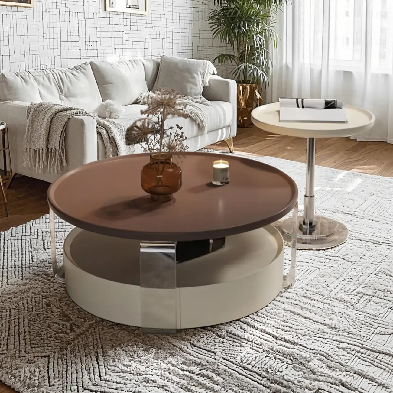 Brown Round Sleek Wooden Coffee Drawer Table