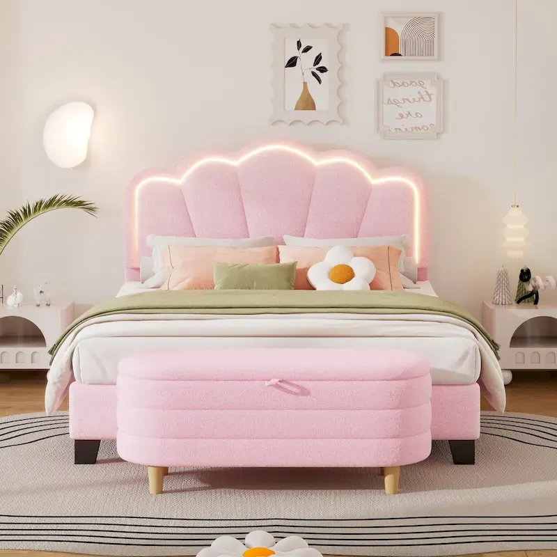 2-Pieces Bedroom Sets Full Size Flower-Shaped Upholstered LED Platform Bed with Storage Ottoman-Sherpa Fabric