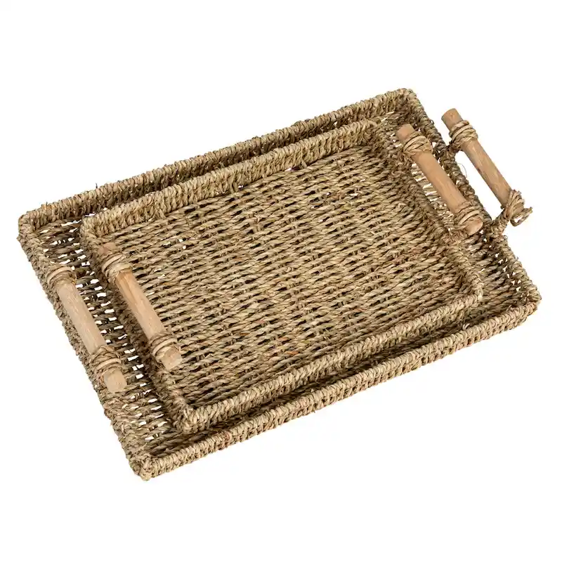 Household Essentials Handwoven Seagrass Tray Set with Wood Handles, Set of 2 - 15.7 L x 9.8 W x 3.1 H