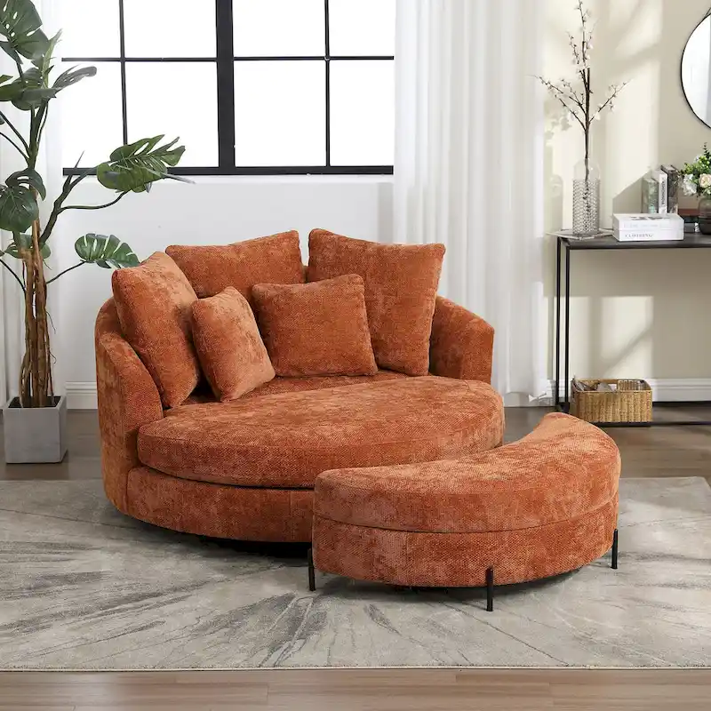 Modern Sofa Chair Round Accent Barrel Chair With 5 Pillows and Optional Ottoman