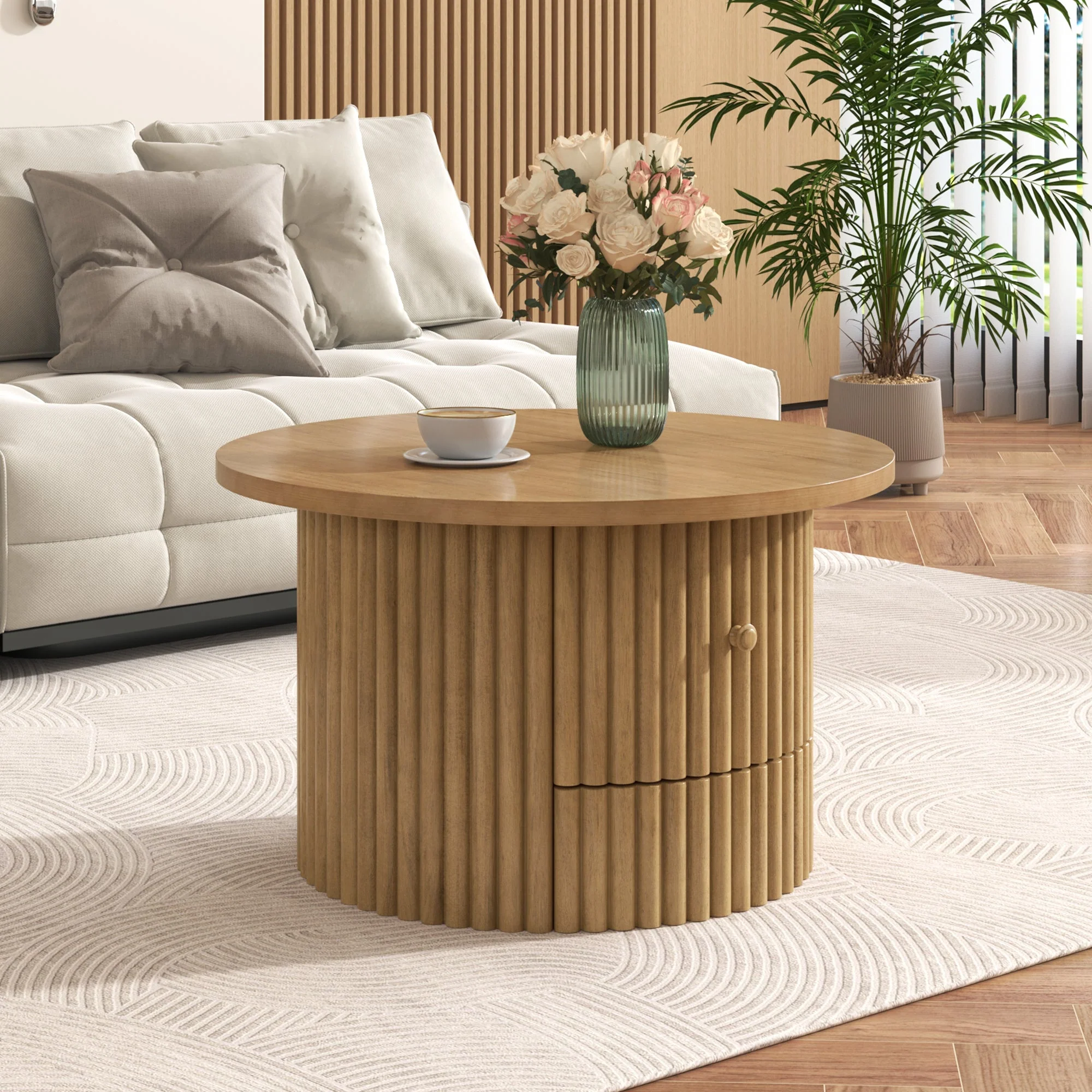 Walker Edison | Reeded Round Coffee Table with a Drawer