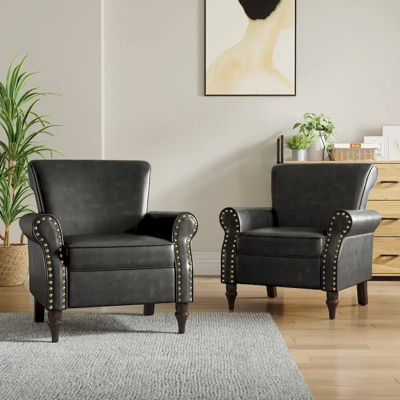2 Set Nailheads Accent Chair Faux Leather Armchair