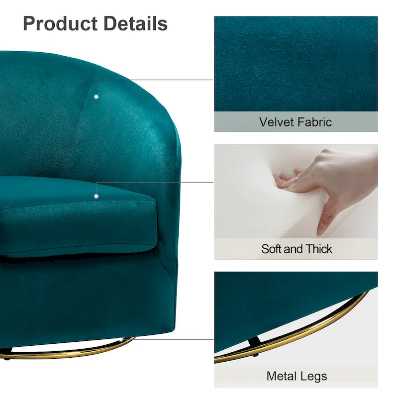 Modern Velvet Curved Swivel Accent Barrel Chair with Metal Base