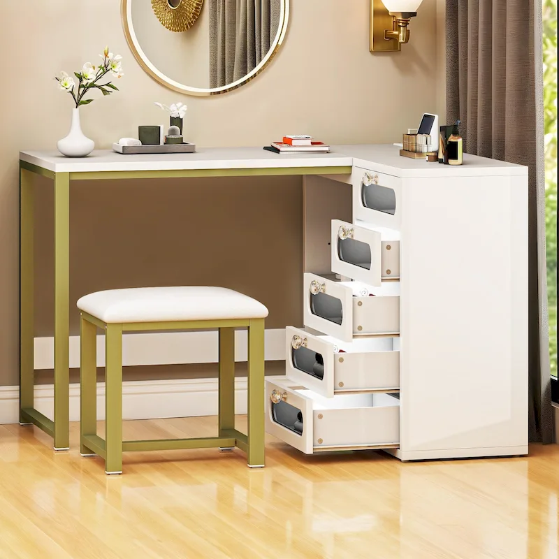 Moasis 5 Drawers L-Shape Nail Desk Set with Cushioned Stool and LED Light