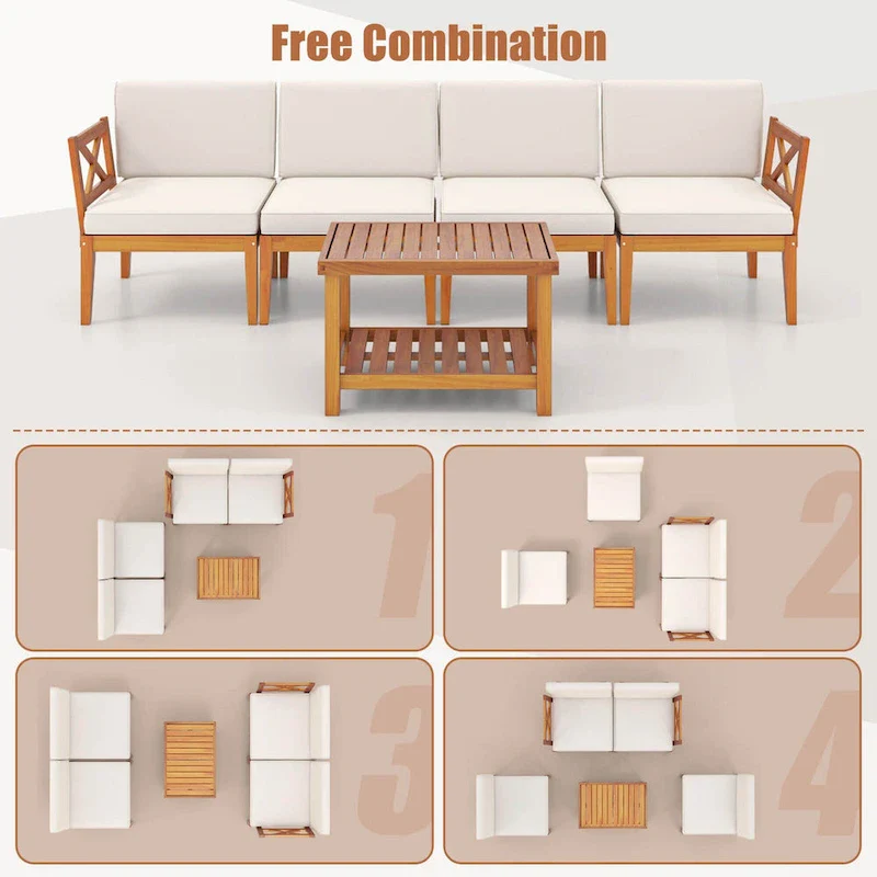 Costway 5 PCS Acacia Wood Patio Furniture Set with Cushions and 2-Tier - See Details