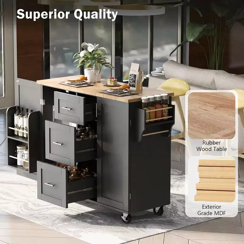 MAYEERTY Black Rolling Kitchen Island with Rubber Wood Top, 3 Drawers 2 Slide-Out Shelves Spice Rack Tower Rack