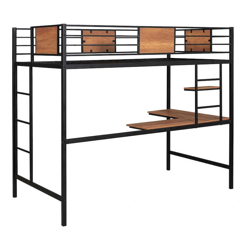 Black Twin Metal Loft Bed with Desk & Shelf