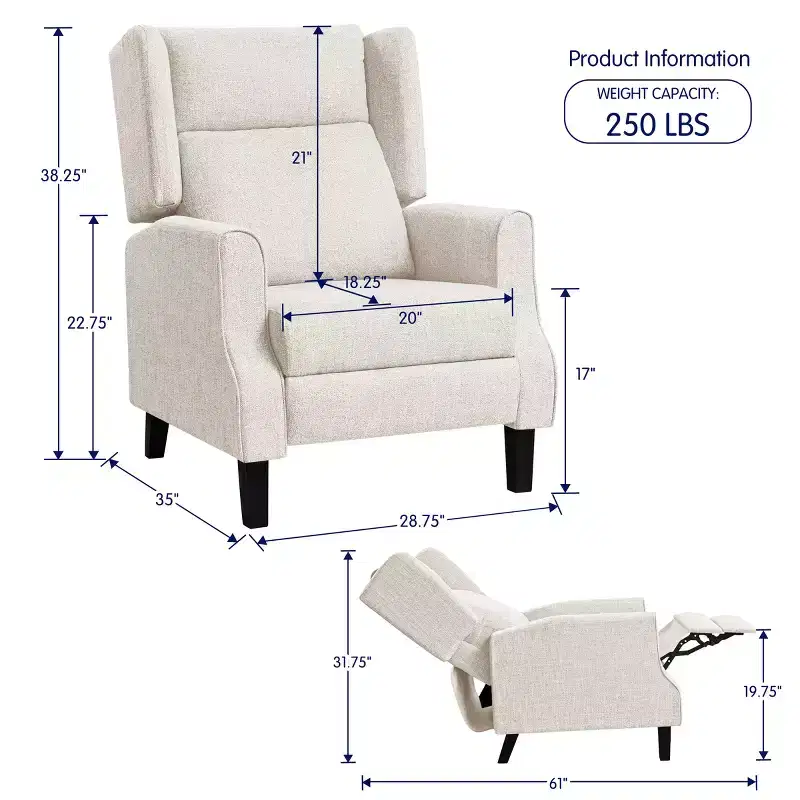 Subrtex Push Back Recliner Chair, Modern Upholstered Manual Wing Chair