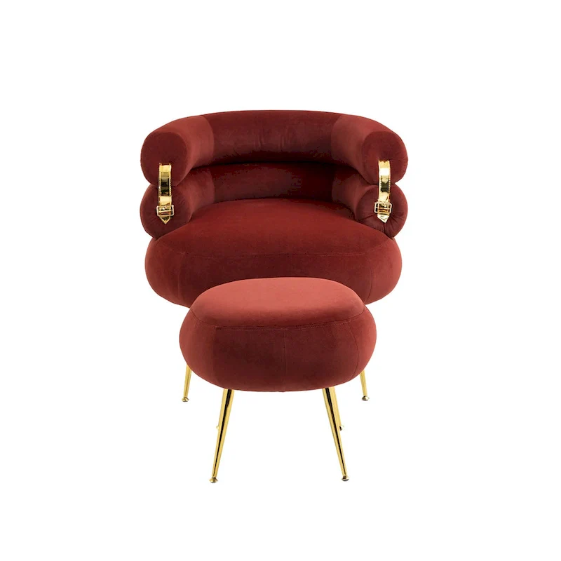 Wine Red Upholstered Barrel Chair with Ottoman and Metal Legs