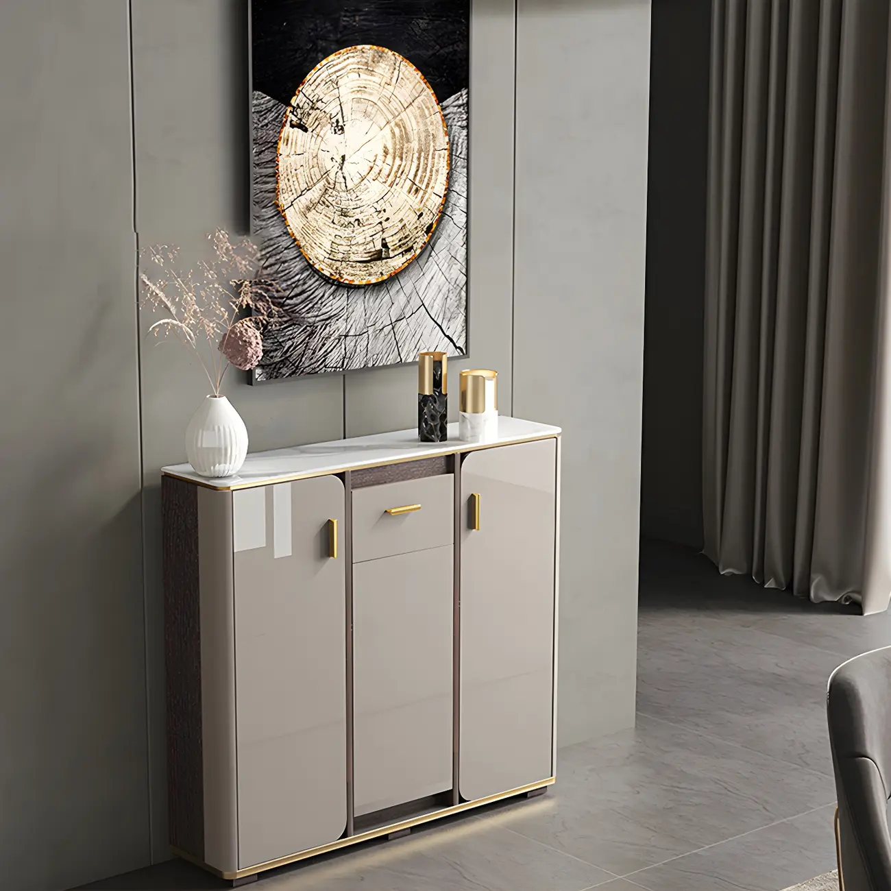 Glam Off-White Stone Top Sideboard with Cabinets