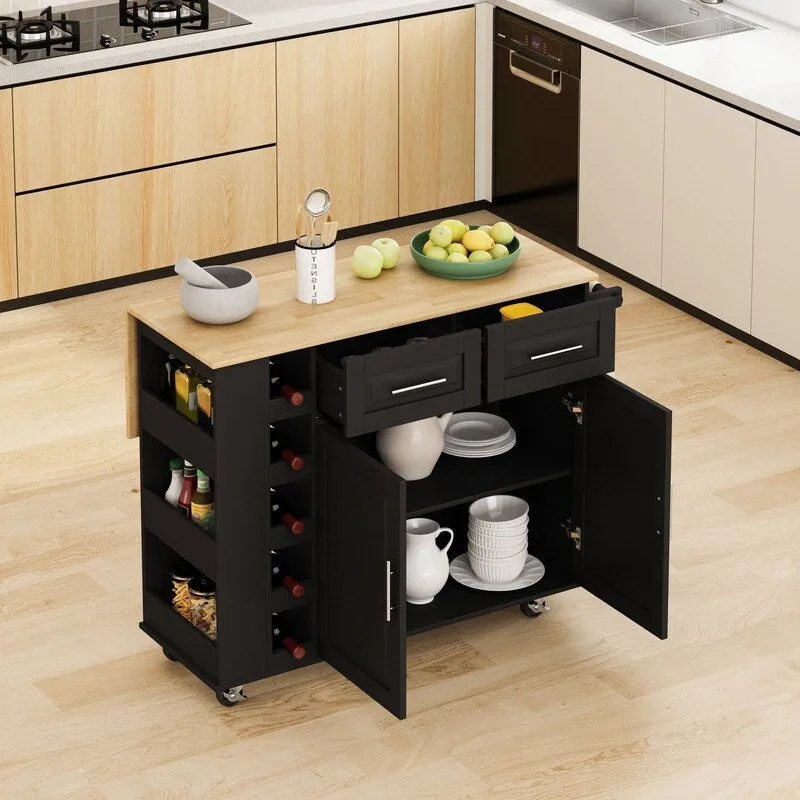 46.46Multi-Functional Kitchen Island Cart with Spice Rack,Wine Rack,Towel Holder and Foldable Rubberwood Table Top