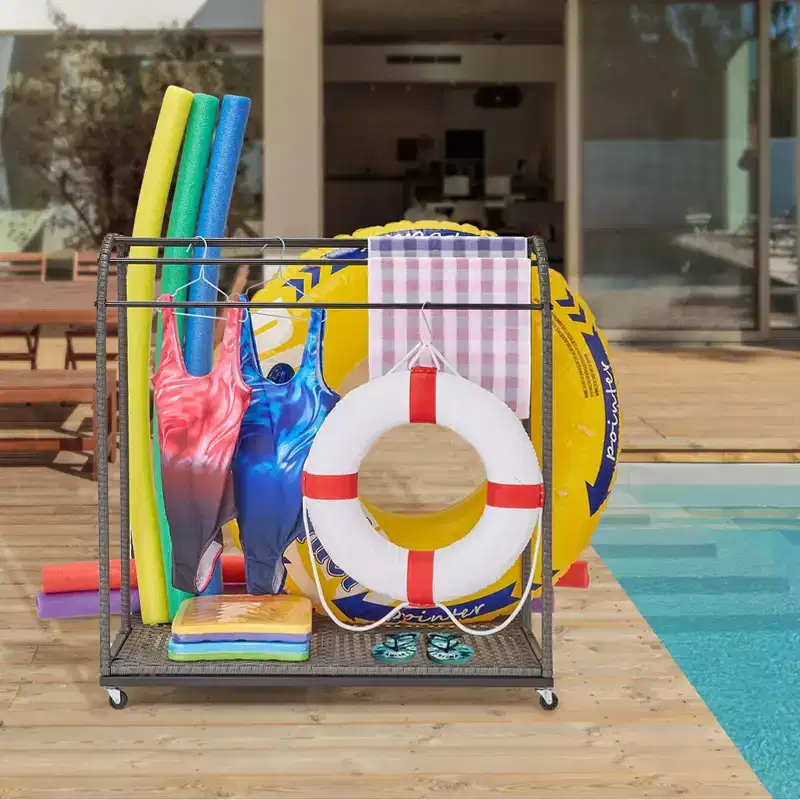 Poolside Towel Rack Outdoor,Rattan Weaving Towel Rack Freestanding,Storage Organizer with Compartment for Floats, Pool Noodles, Swimming Rings