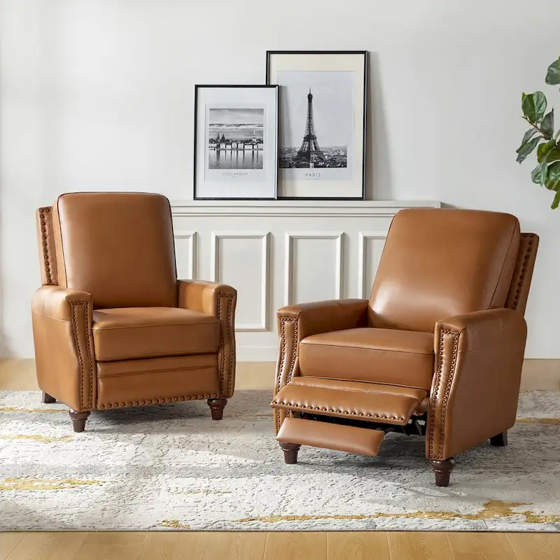 Cigar Mid-century Modern Genuine Leather Recliner with Nailhead Trim Set of 2 by HULALA HOME