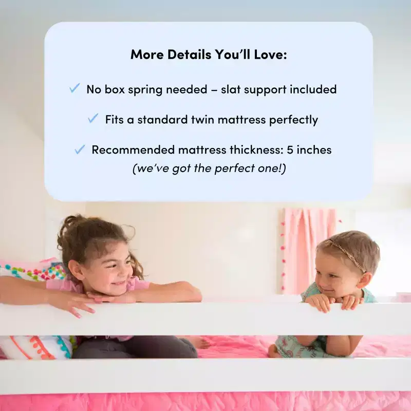Twin Over Twin Low Bunk With Easy Slide & Light Pink & White Farmhouse Curtain