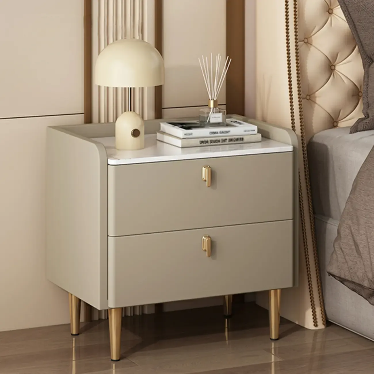 Modern Leather Stone Top Gold Accents 2-Drawer Nightstand