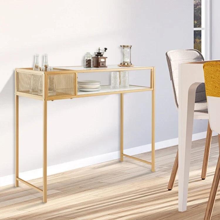 Faux Marble Console Table with Wire Baske for Entryway - 47.5 x 12 x 35.5 (L x W x H)