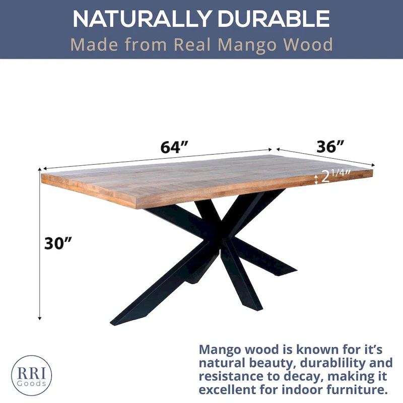 63-Inch Rectangle Dining Table with Mango Wood Top and Metal Spider Leg Base
