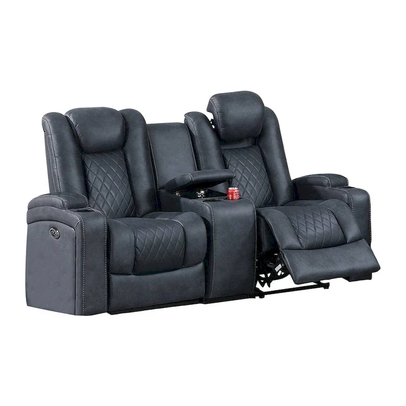 Elva 72 Inch Power Reclining Loveseat, Lift Top Storage Console, Blue