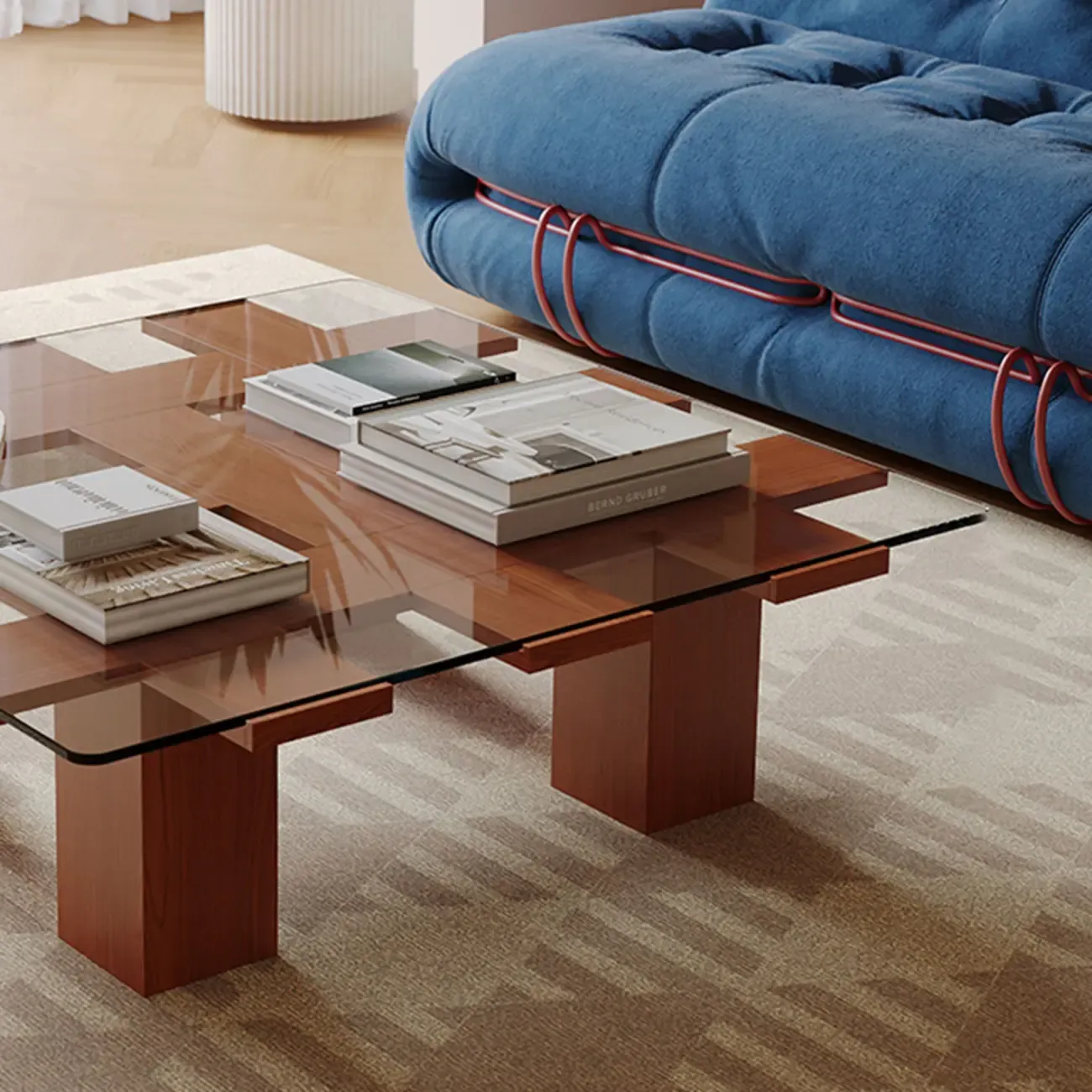 Square Modern Glass Wood Four Legs Coffee Table