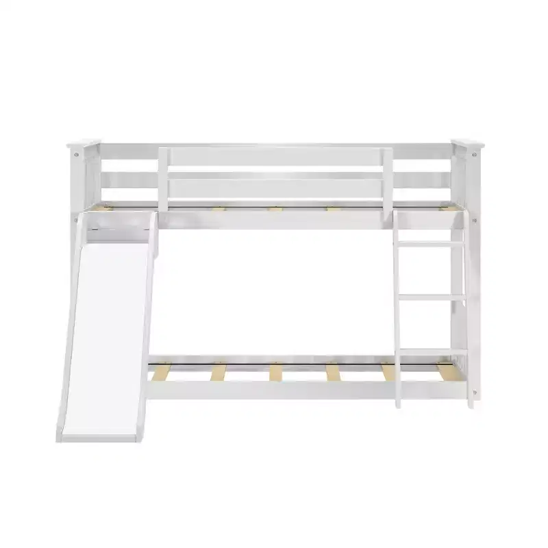 Twin Over Twin Low Bunk With Easy Slide & Light Pink & White Farmhouse Curtain