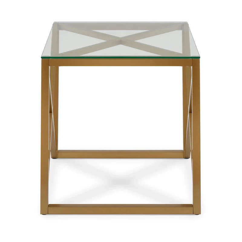 Geometric X-Base Metal & Glass Side Table in Golden Brass Finish