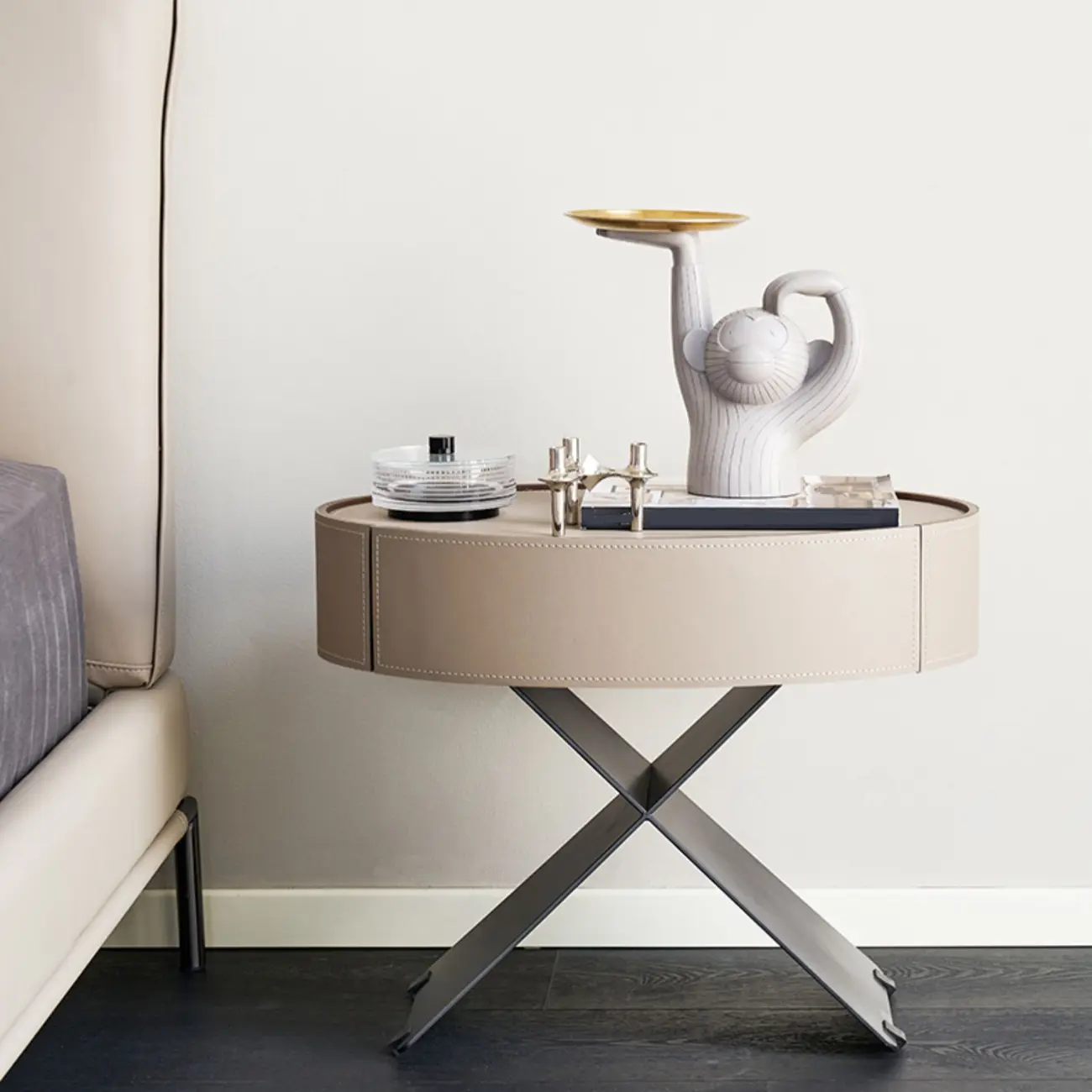 Contemporary Beige Leather Oval X-Base Drawer Nightstand