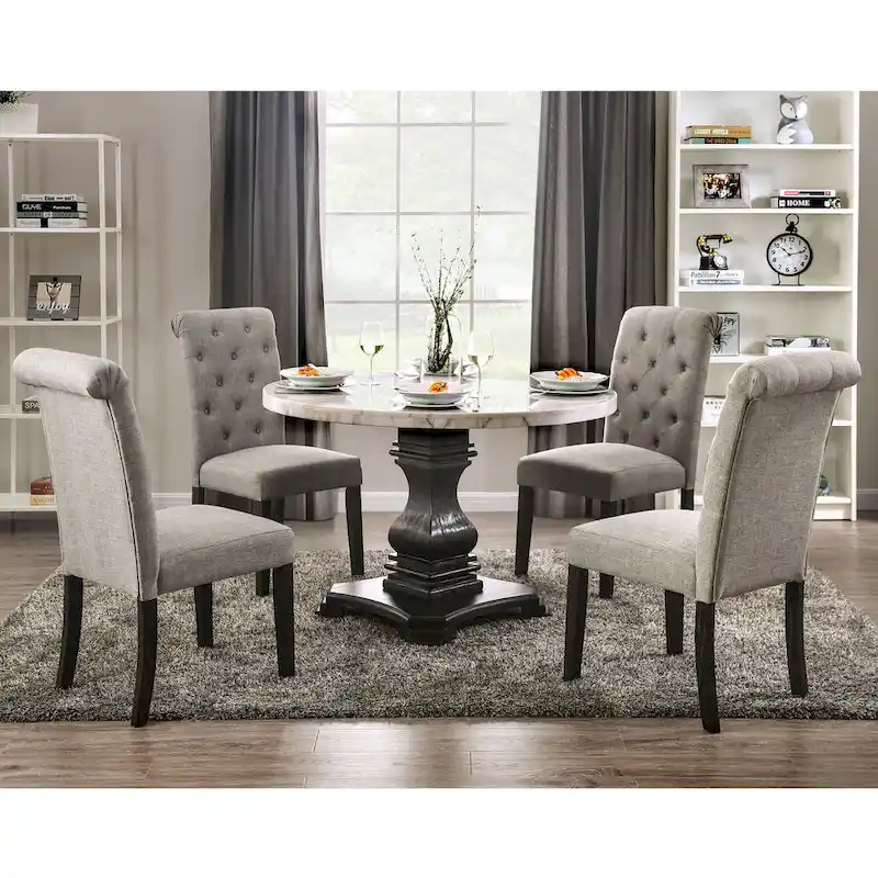Brec Farmhouse Marble Top 5-Piece Round Dining Table Set with Tufted Chairs by
