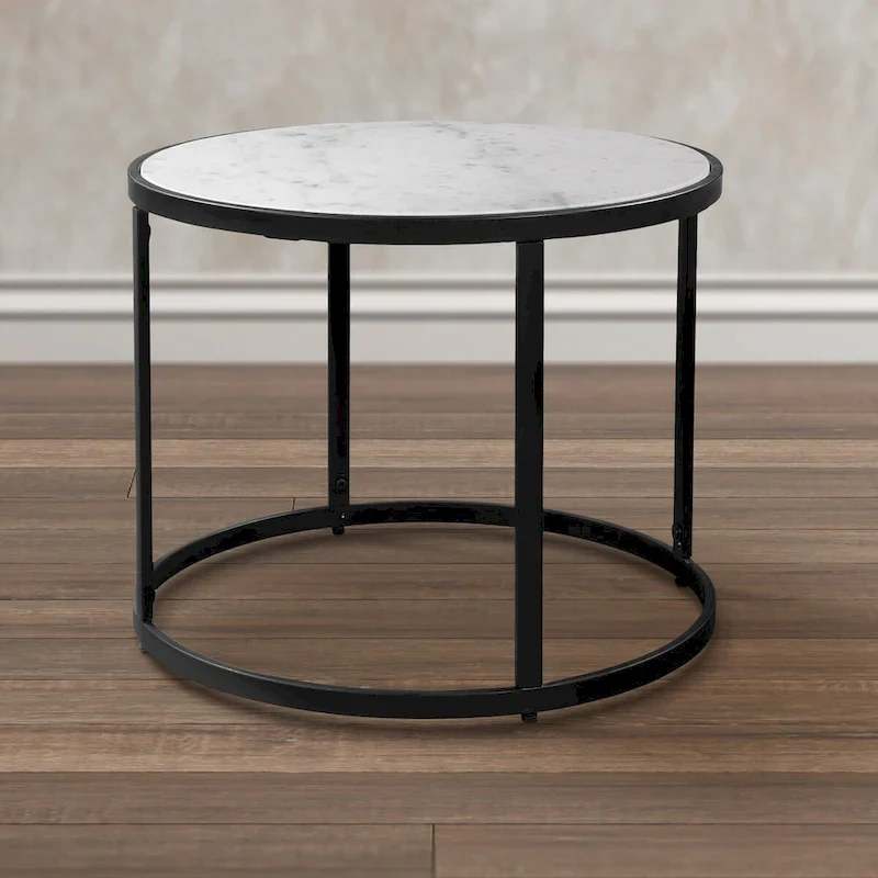 23 Inch Side End Table, Modern Round White Natural Marble Top, Classic Black Iron Frame