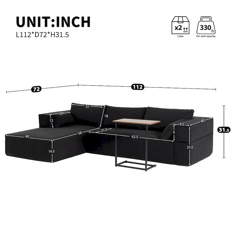 L-Shaped Modular Sectional Sofa with Side Table, Chaise, Wide Seat
