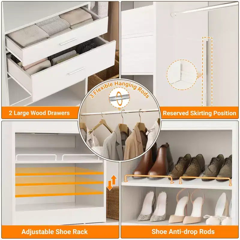 Besiost Closet System with 2 Wooden Drawers and Adjustable Shoes Rack
