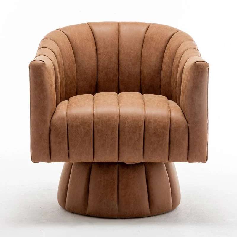 SEYNAR Mid-Century Swivel PU Leather Tufted Round Accent Barrel Chair