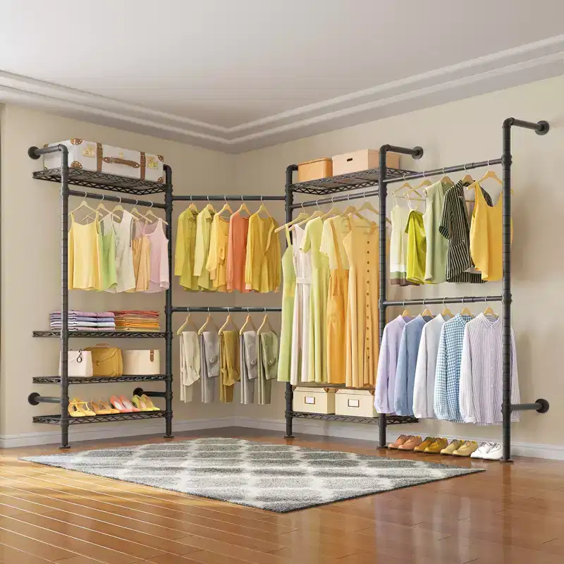Timate L4 L Shape Garment Rack Clothes Rack , Expandable Industrial Pipe Clothing Rack, Wall Mounted Closet Organizer Large Wardrobe Closet