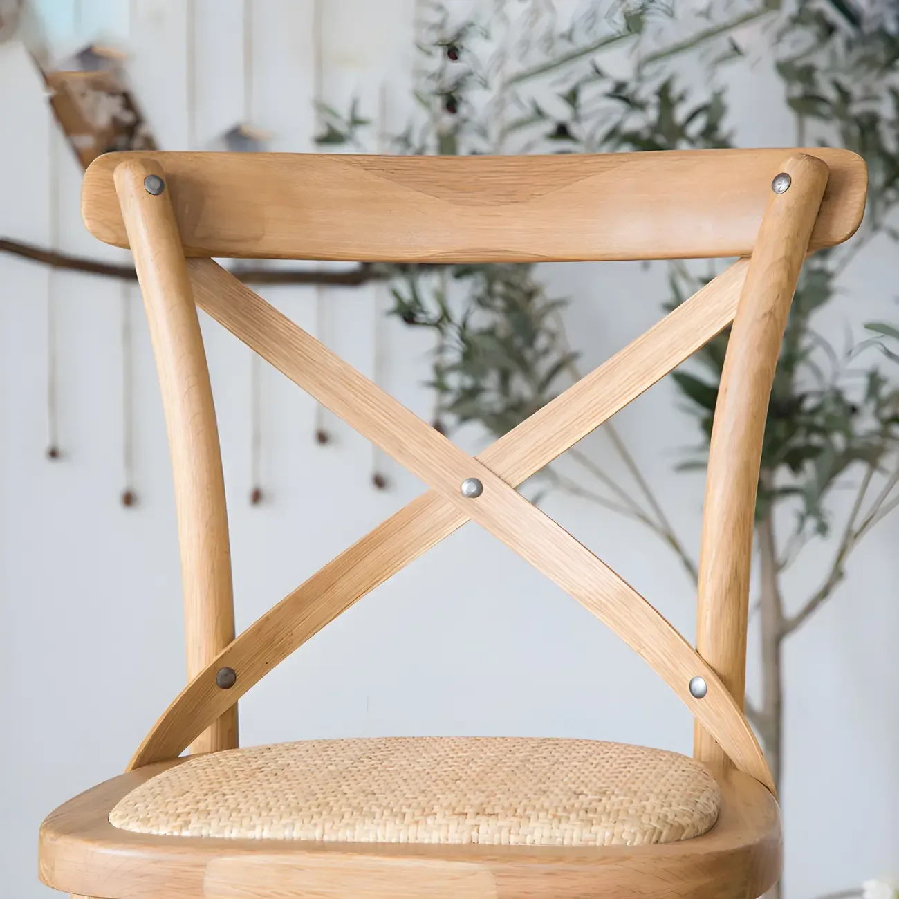 Rustic Solid Wood Wicker Cross Back Bar Stool in Brown/ Grey