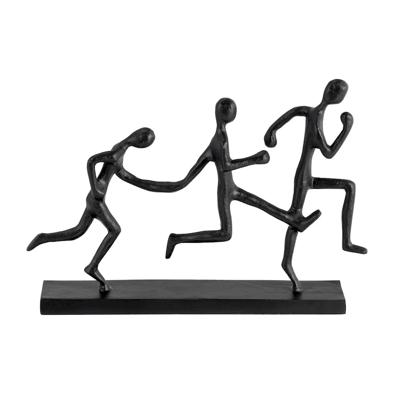13 Lx3 Wx9 H, Metal Three-man Running Sculpture, Black Finish, Wood Base, Decorative Sculpture for Table Decor or Shelf