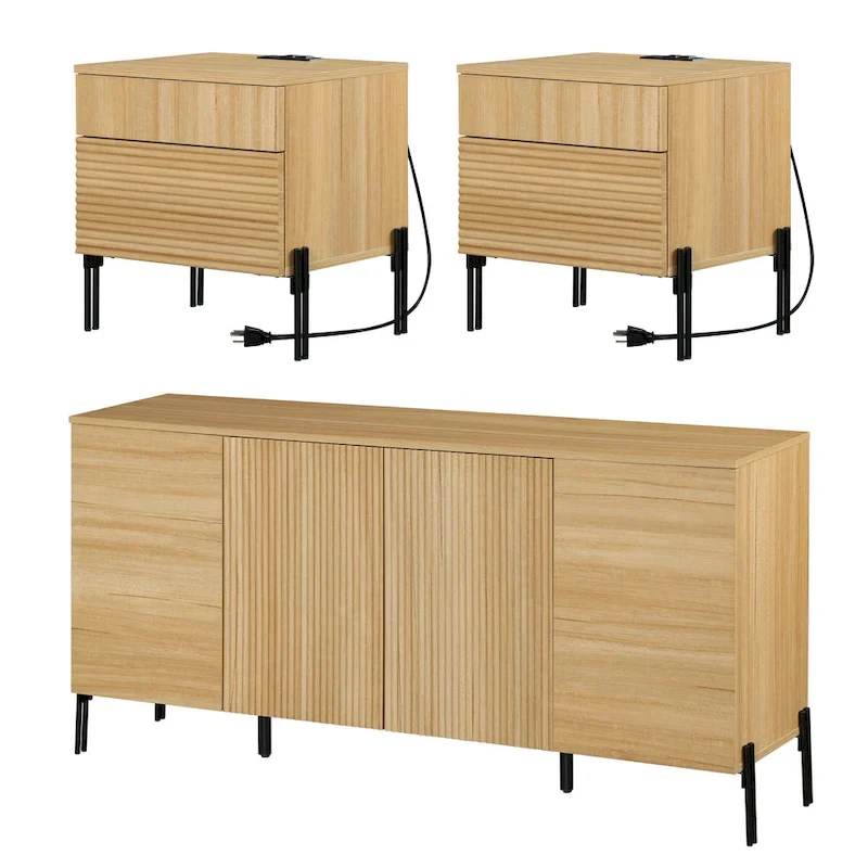 WAMPAT 3-Piece Modern Bedroom Furniture Set, Includes Sideboard Buffet Cabinet, Set of 2 Night Stands,