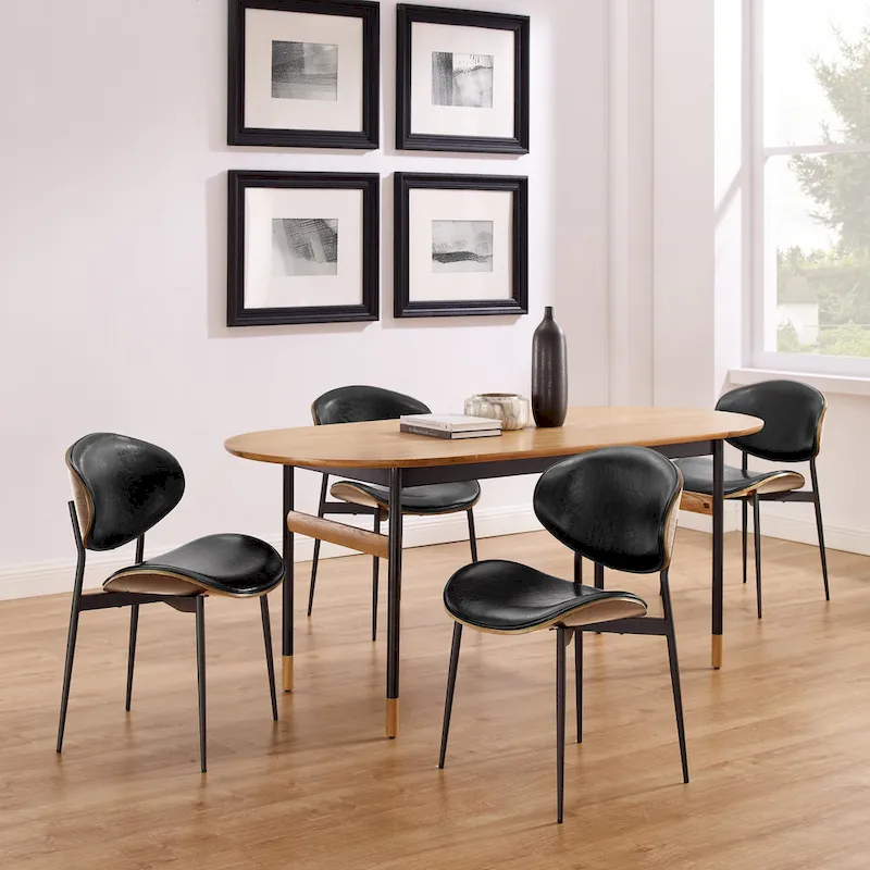 Set of 4 Mid-century Wood and Faux Leather Dining Chairs