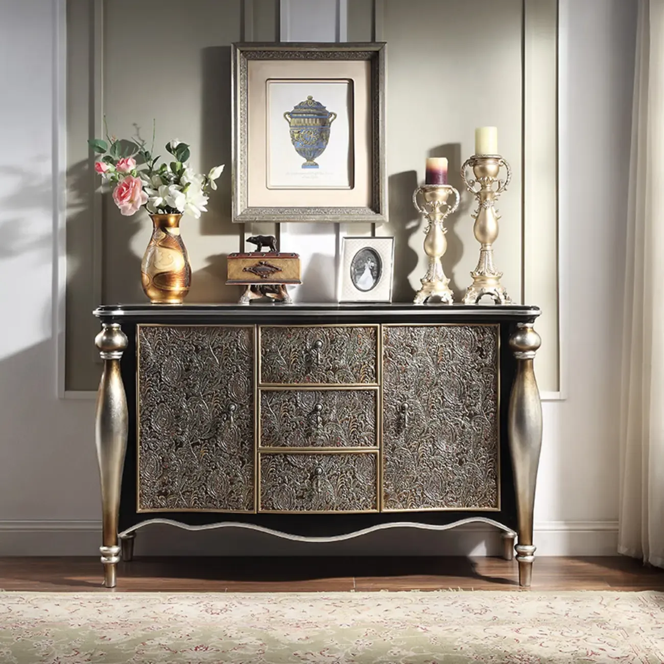 Vintage Gold Wooden Sideboard with Locking Drawer